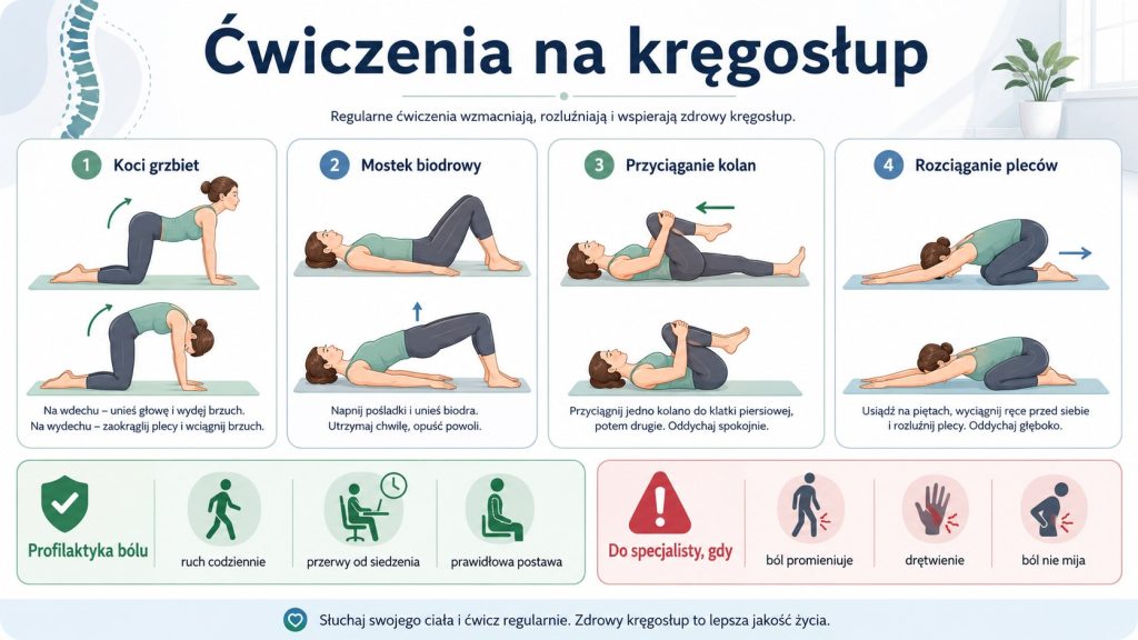 Jakie ćwiczenia na kręgosłup? Łagodne ćwiczenia na plecy, profilaktyka bólu i alarmy