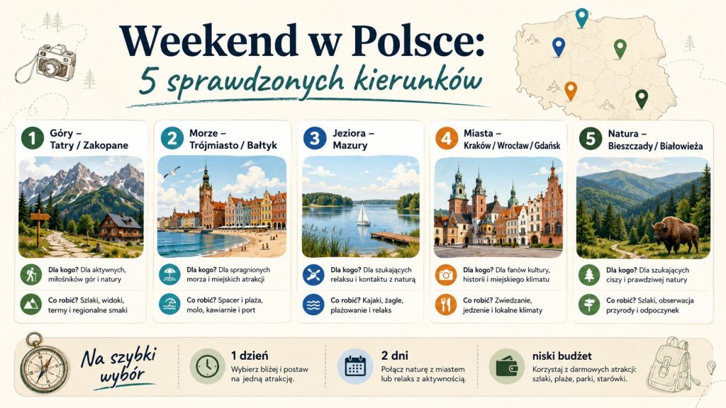 Gdzie pojechać na weekend w Polsce? Góry, morze, jeziora, miasta i natura na krótki wypad bez nudy!