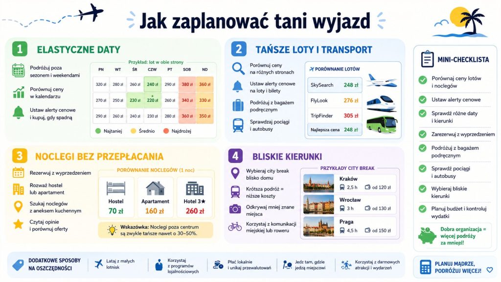Jak zaplanować tani wyjazd: elastyczność, tanie loty, noclegi i bliskie kierunki bez stresu i strat