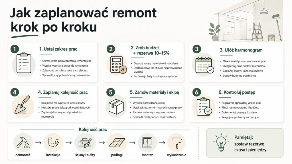 Jak zaplanować remont krok po kroku: zakres prac, budżet z rezerwą, harmonogram i kontrola