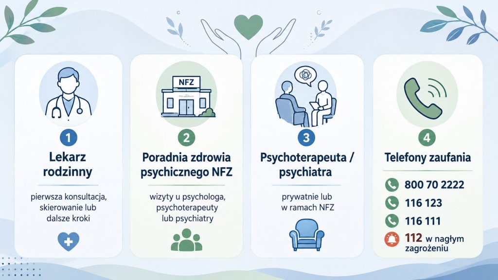 Gdzie szukać pomocy psychologicznej w Polsce: NFZ, lekarz rodzinny, terapeuta, telefon