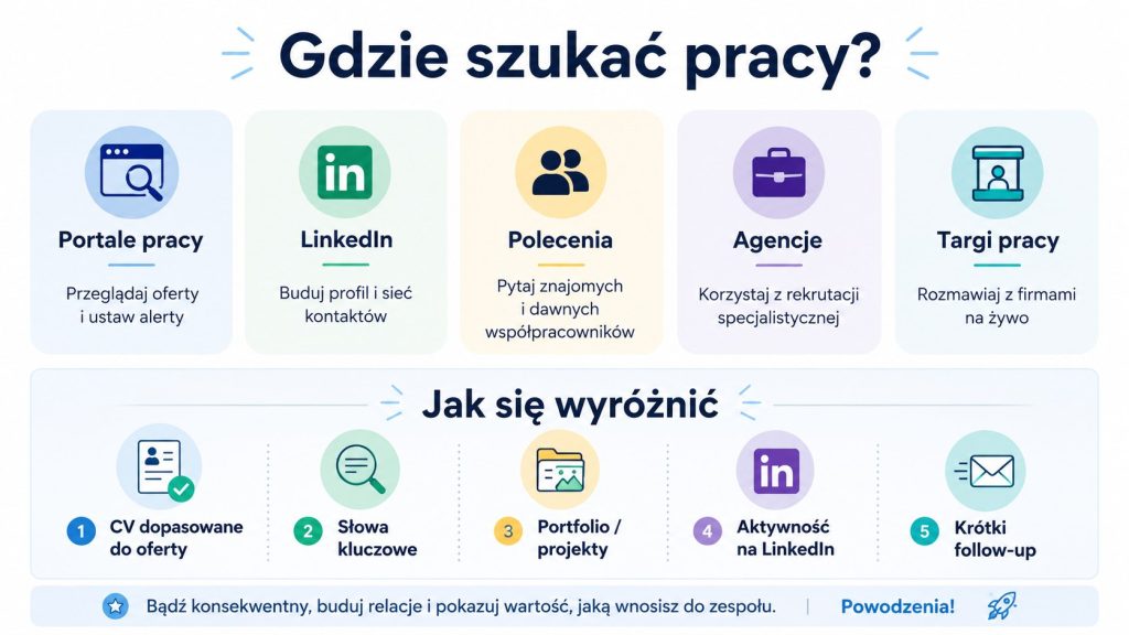 Gdzie szukać pracy: portale, LinkedIn, polecenia, agencje, targi i jak pokonać konkurencję w Polsce